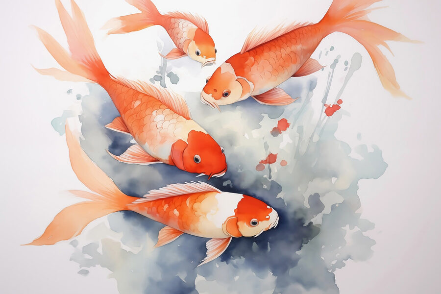 Grupo de peces naranjas y blancos nadando en el agua