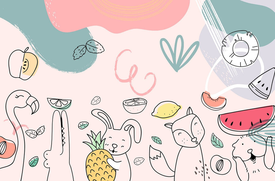 Animales de dibujos animados sosteniendo frutas