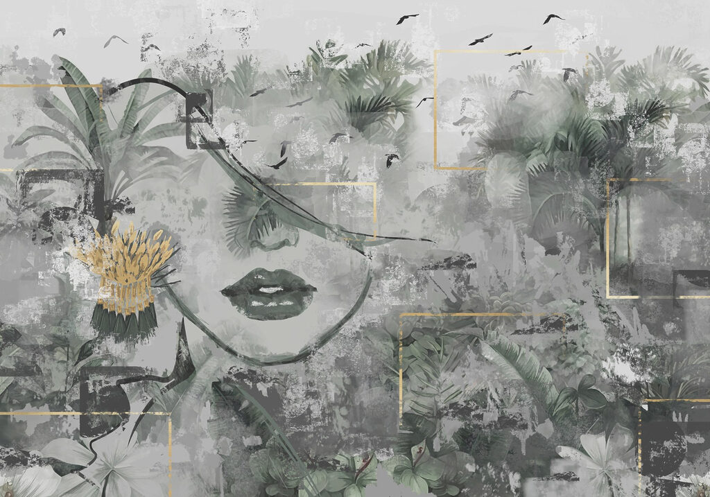 Painting of a woman's face and plants