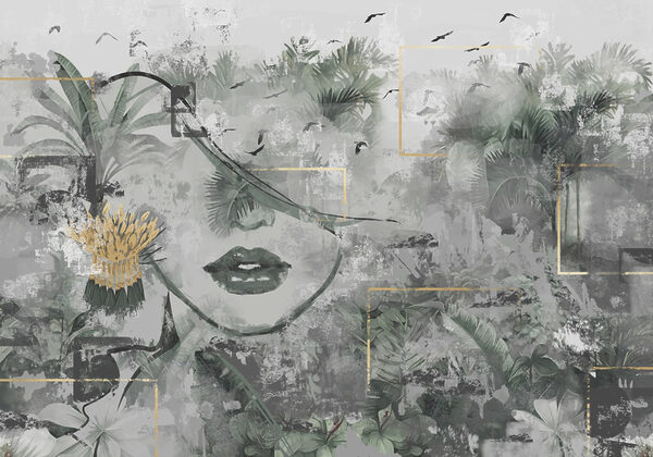 Painting of a woman's face and plants