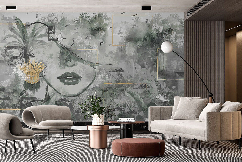 Painting of a woman's face and plants