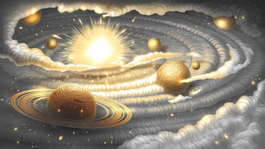 Planeta con anillos y estrellas en el cielo