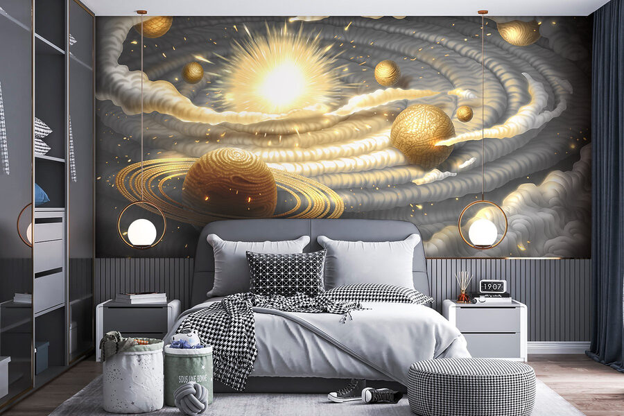 Planeta con anillos y estrellas en el cielo