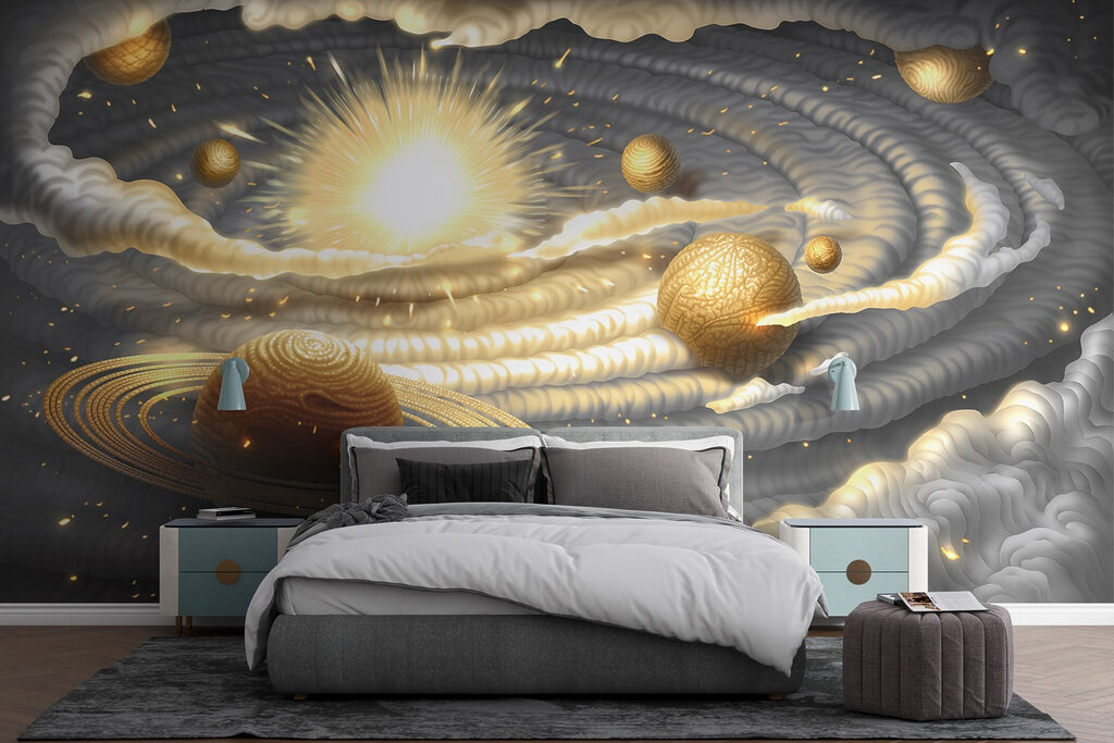 Planet with rings and stars in the sky