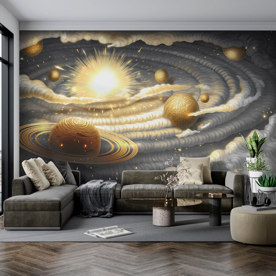 Planeta con anillos y estrellas en el cielo