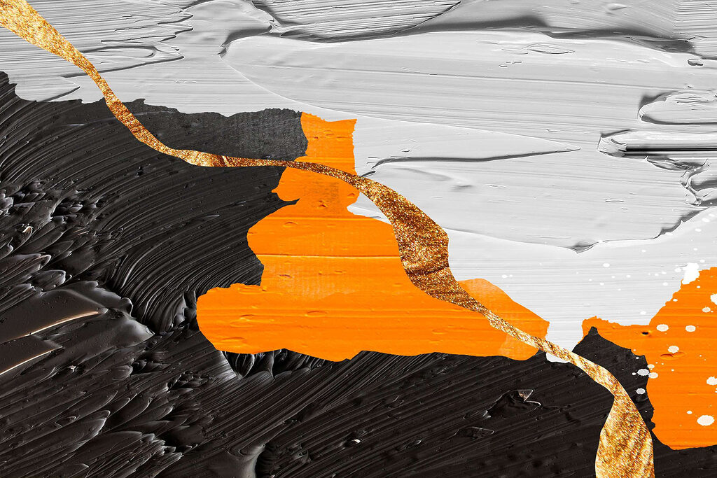 Black and white painting with orange and white paint