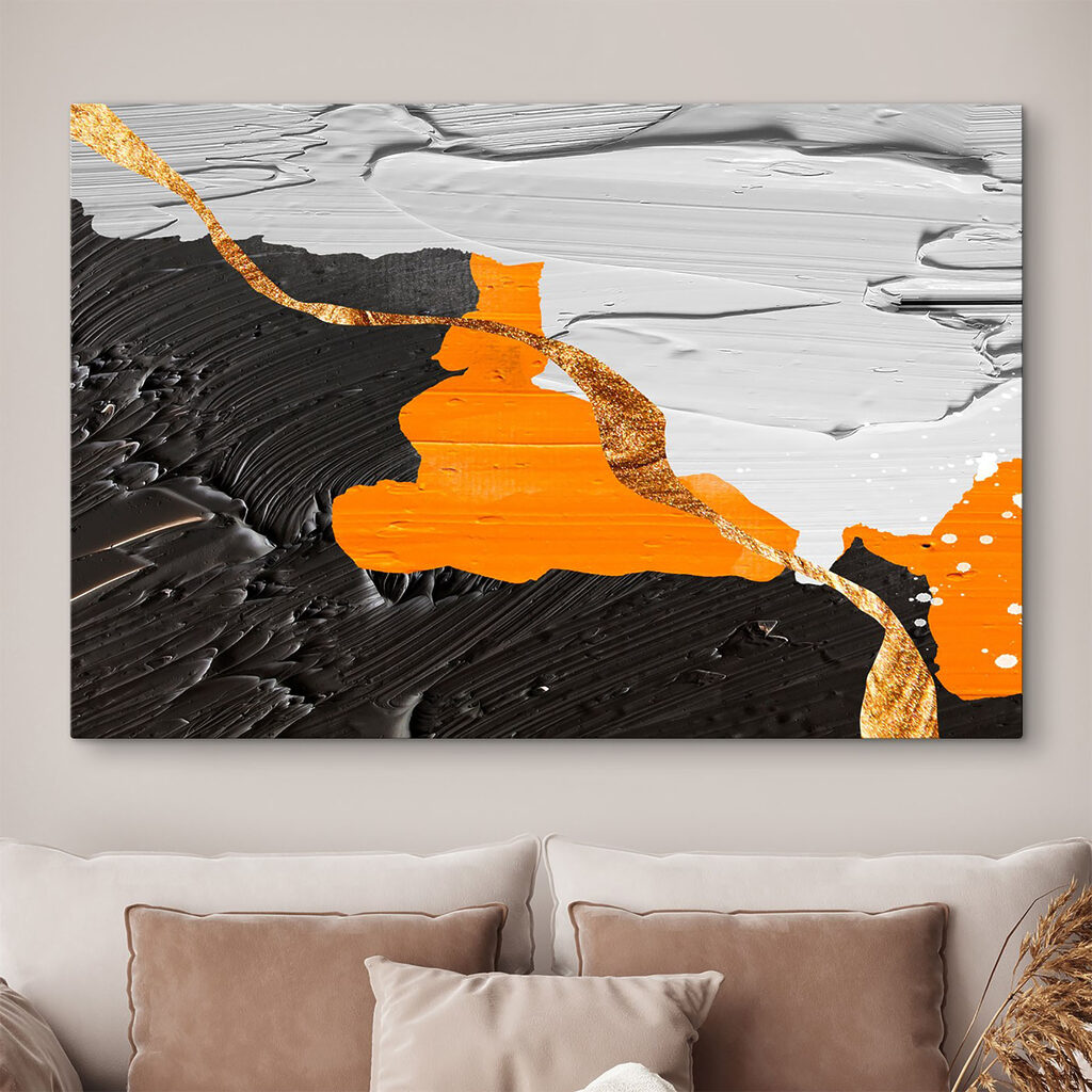 Black and white painting with orange and white paint