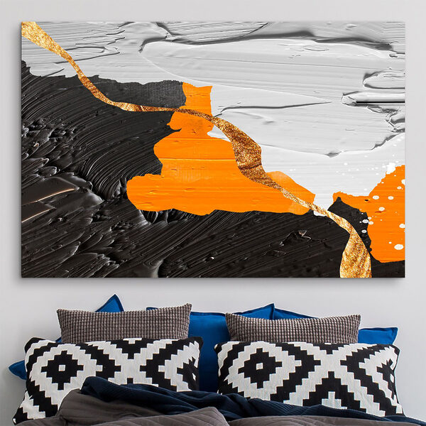 Black and white painting with orange and white paint
