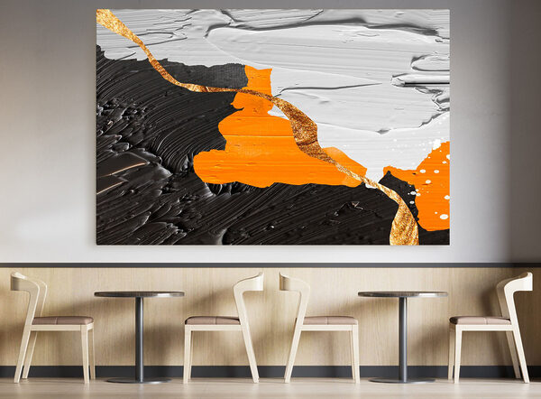 Black and white painting with orange and white paint