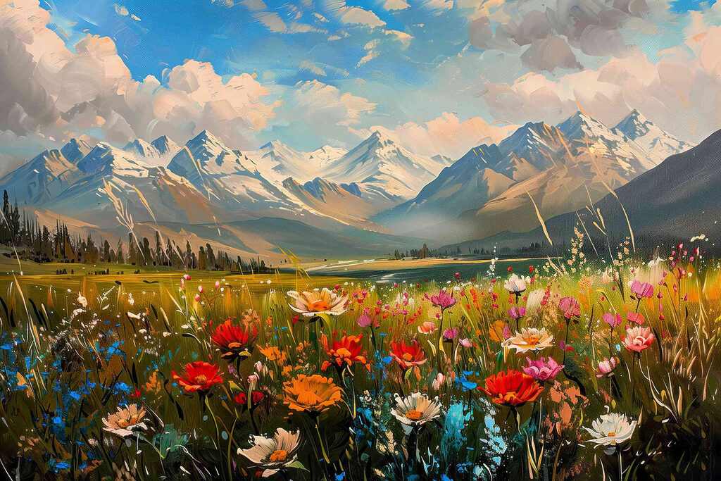 Field of flowers with mountains in the background Field of flowers with mountains in the background