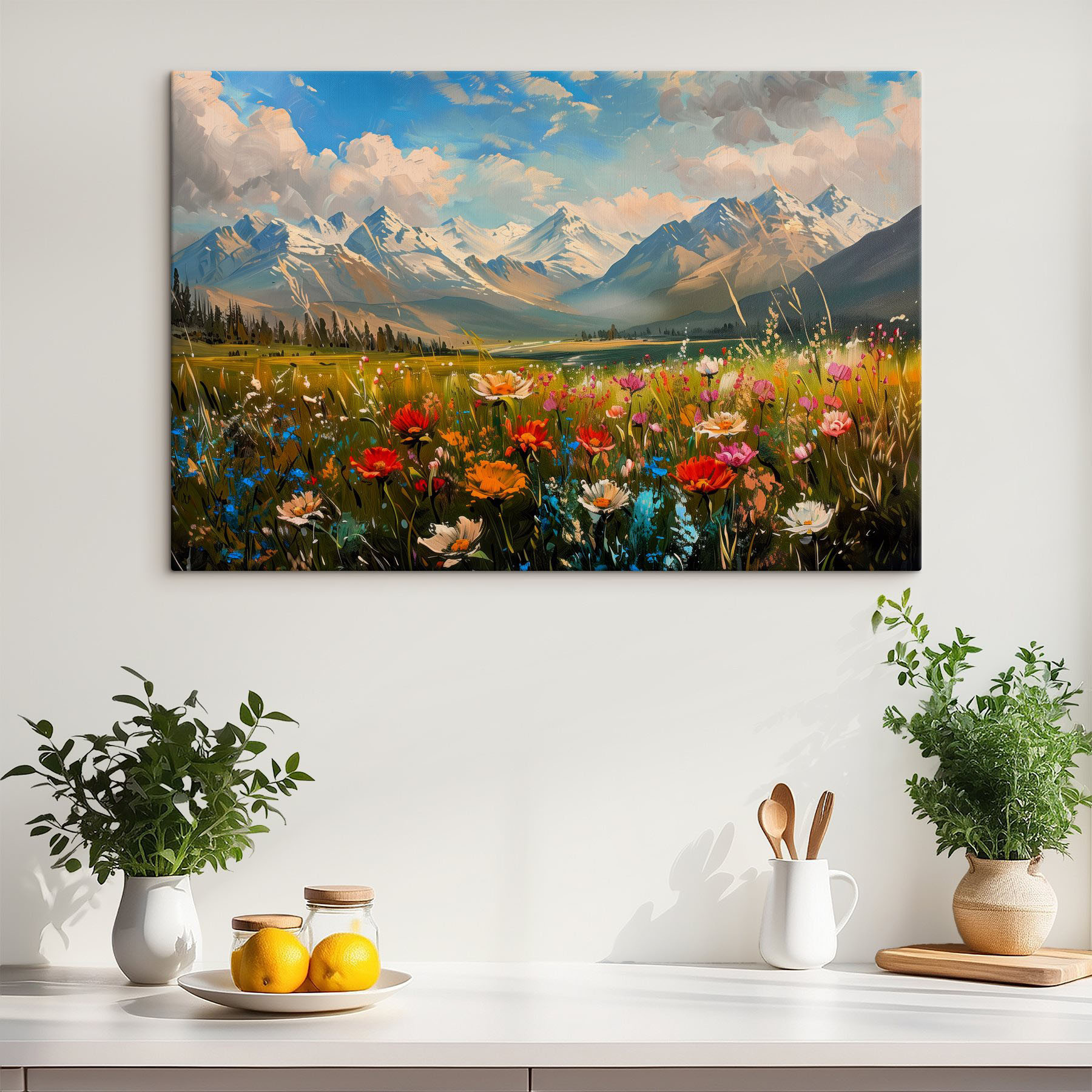 Field of flowers with mountains in the background Field of flowers with mountains in the background