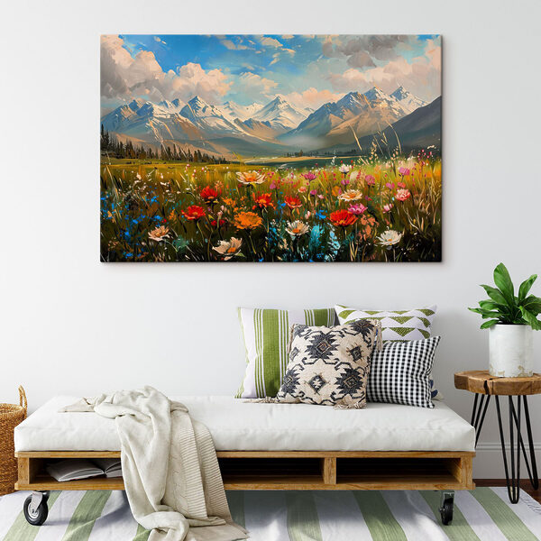 Field of flowers with mountains in the background Field of flowers with mountains in the background