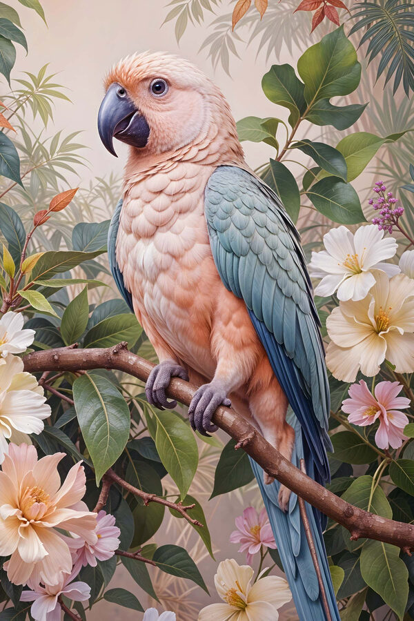 Bird sitting on a branch with flowers