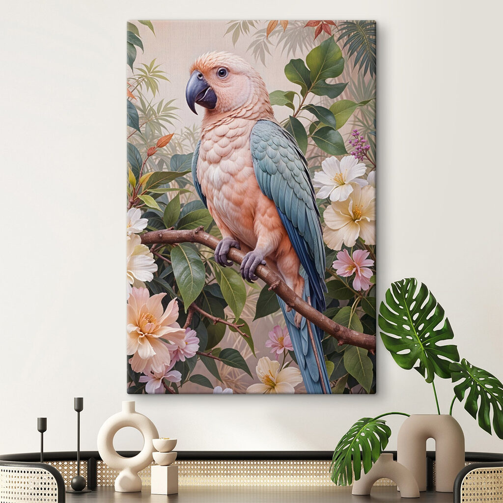 Bird sitting on a branch with flowers