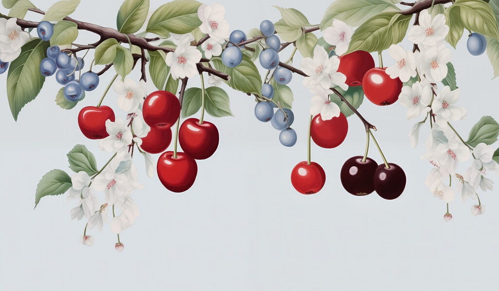 Cereza y arándano en una rama Cereza y arándano en una rama