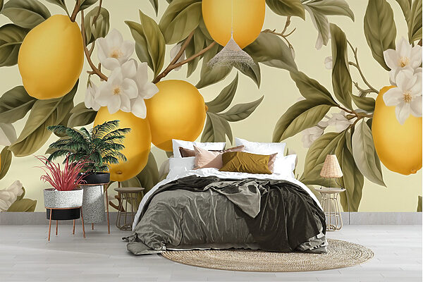 Papel pintado con limones y flores Papel pintado con limones y flores