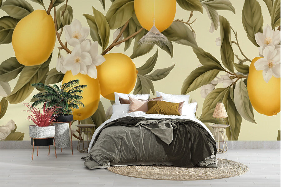 Papel pintado con limones y flores Papel pintado con limones y flores