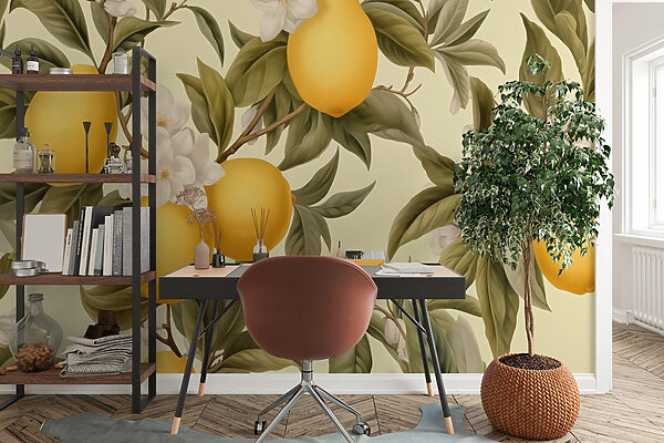 Papel pintado con limones y flores Papel pintado con limones y flores