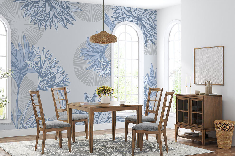 Motivo floral azul y blanco