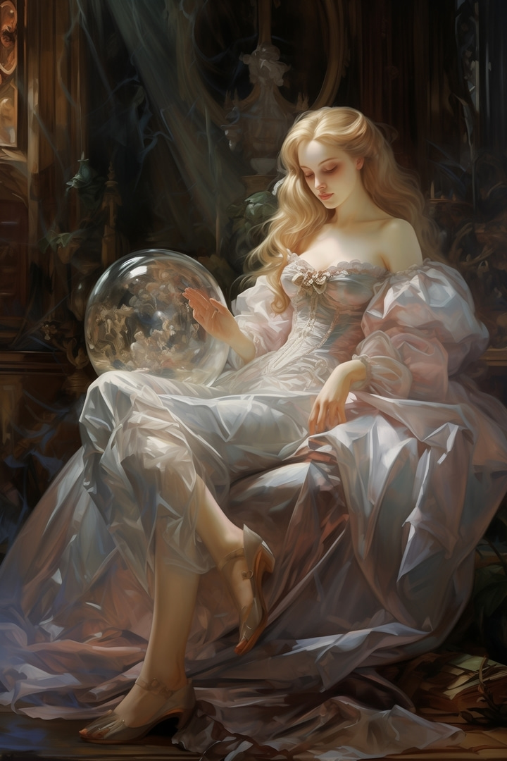 Woman in a dress holding a glass ball