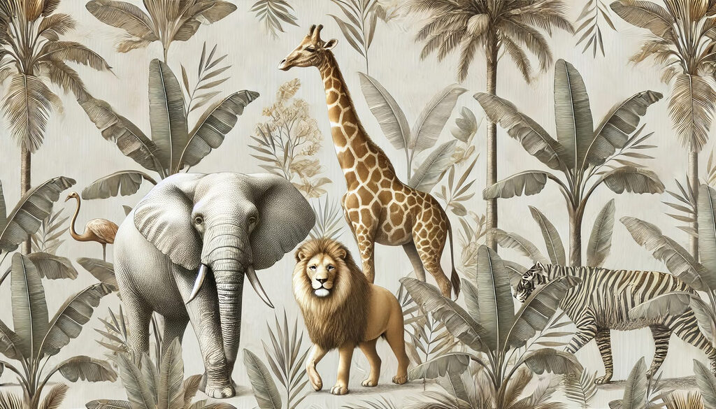 Wallpaper with animals and plants