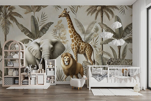 Wallpaper with animals and plants