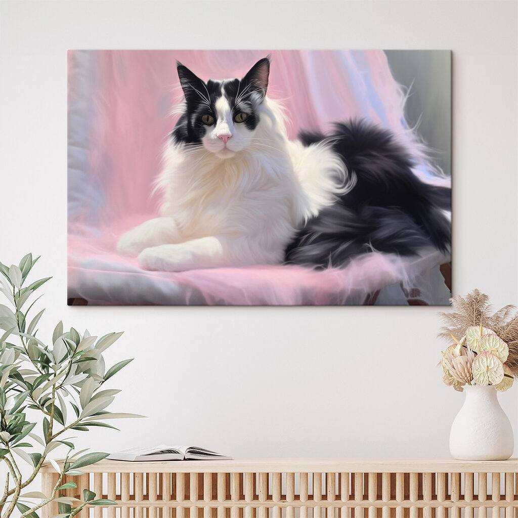 Black and white cat lying on a pink blanket Black and white cat lying on a pink blanket