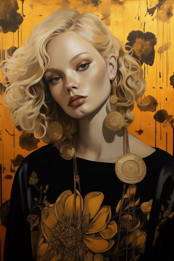 Woman with curly blonde hair and large earrings Woman with curly blonde hair and large earrings