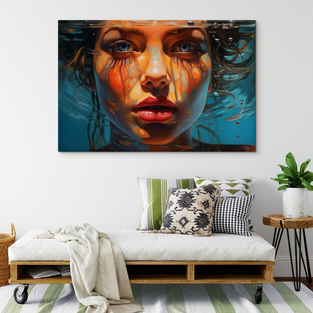 Woman under water with water droplets