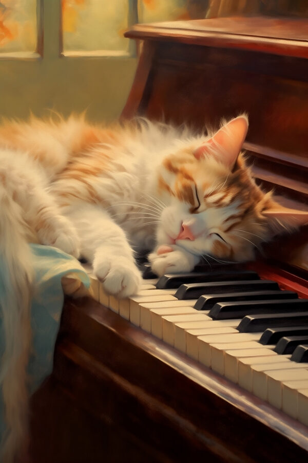Cat sleeping on a piano