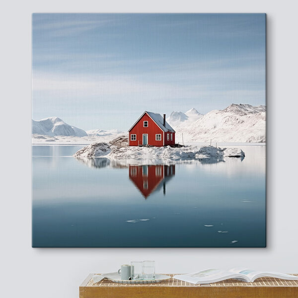 Cuadros Una casa roja en una isla rodeada de agua, con montañas nevadas al fondo (SKU: s41437) Cuadros Cuadros Una casa roja en una isla rodeada de agua, con montañas nevadas al fondo (SKU: s41437)