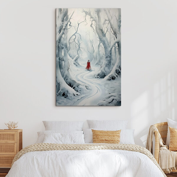Cuadros Una persona con una capa roja caminando por un bosque nevado (SKU: s41438) Cuadros Cuadros Una persona con una capa roja caminando por un bosque nevado (SKU: s41438)