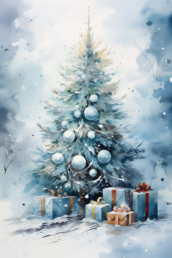Watercolor of a christmas tree with presents