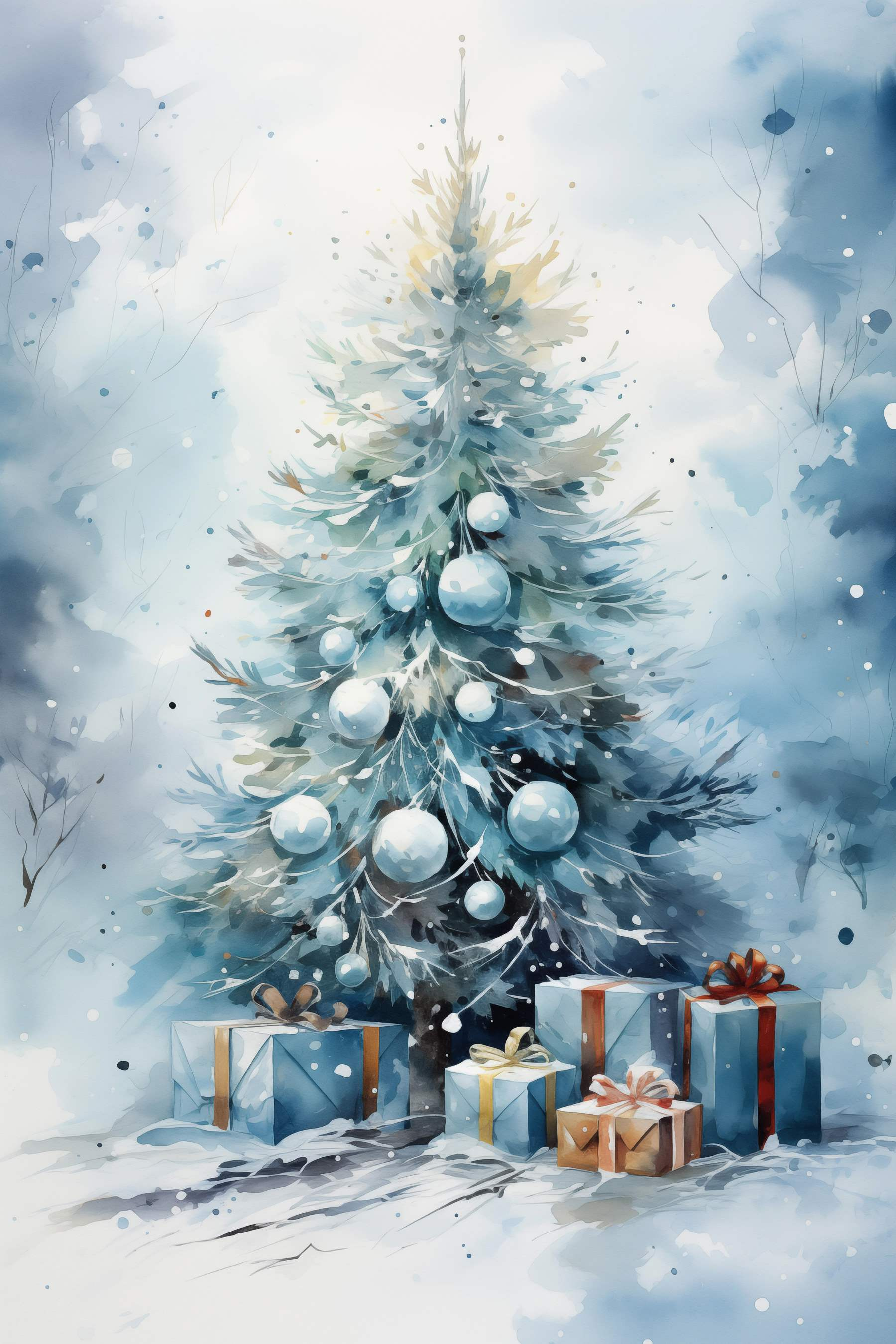 Watercolor of a christmas tree with presents