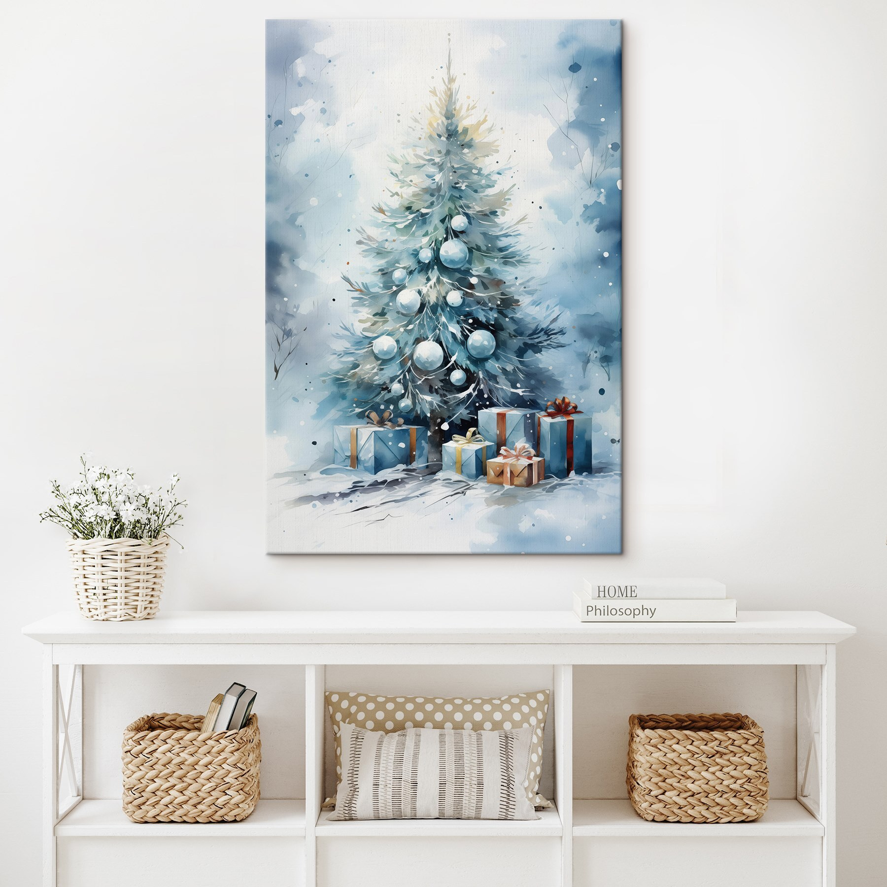 Watercolor of a christmas tree with presents