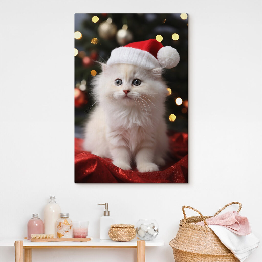 White kitten wearing a santa hat White kitten wearing a santa hat