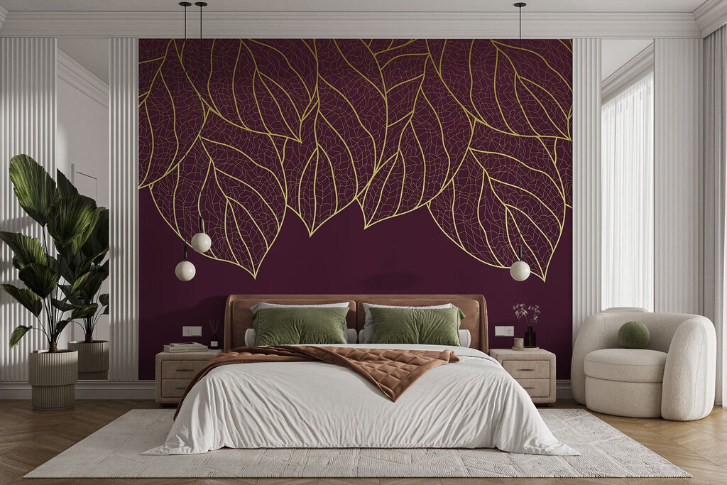 Elegant leaves on deep maroon background