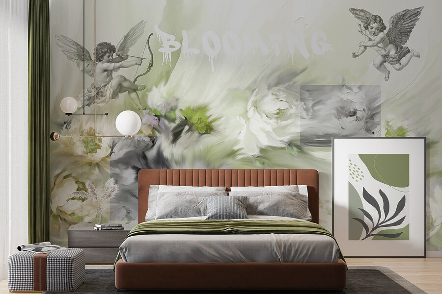 Pintura de ángeles con arco y flecha sobre flores