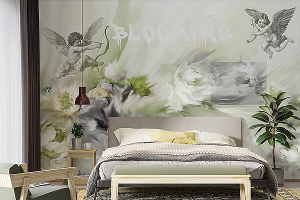 Pintura de ángeles con arco y flecha sobre flores Pintura de ángeles con arco y flecha sobre flores