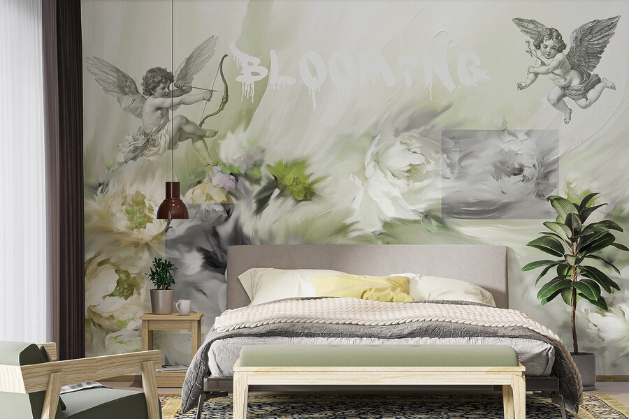 Pintura de ángeles con arco y flecha sobre flores