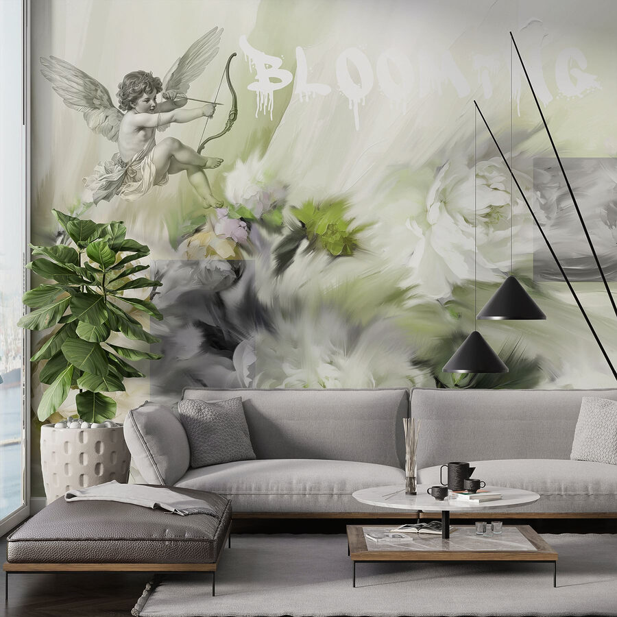 Pintura de ángeles con arco y flecha sobre flores