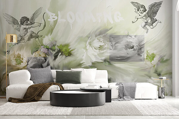 Pintura de ángeles con arco y flecha sobre flores Pintura de ángeles con arco y flecha sobre flores