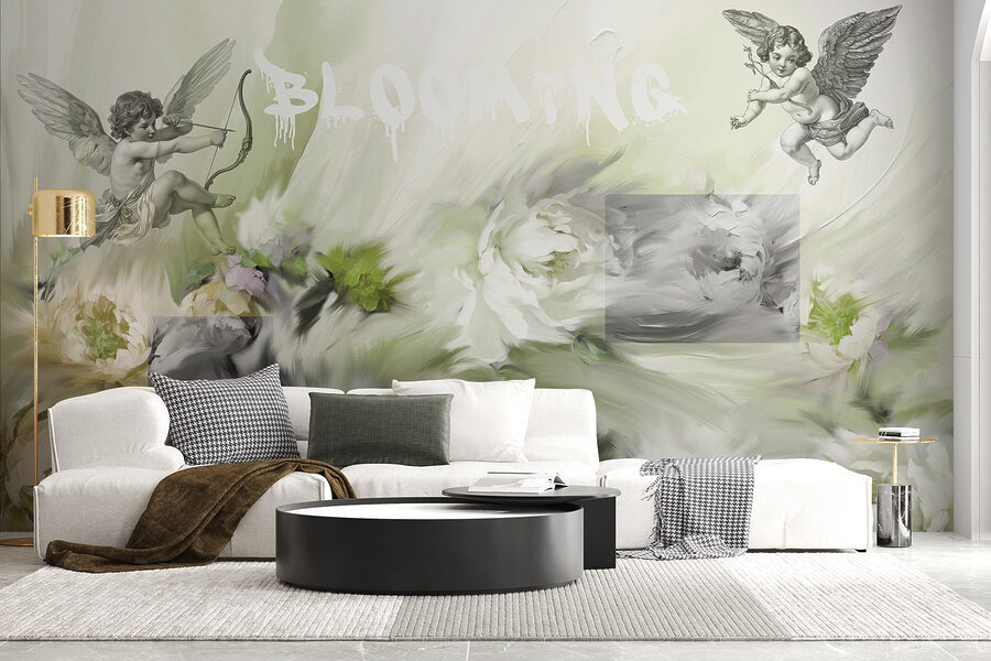 Pintura de ángeles con arco y flecha sobre flores