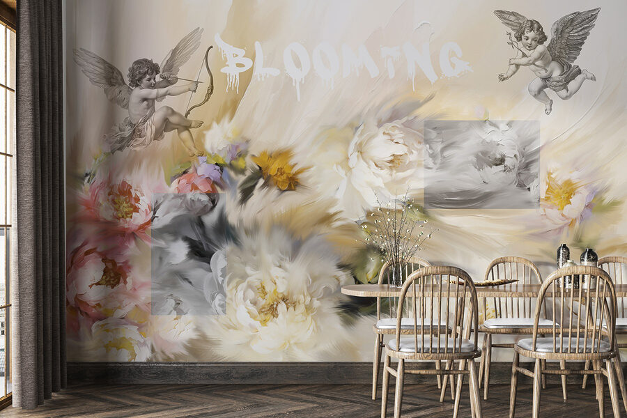 Pintura de ángeles con arco y flecha disparando flores