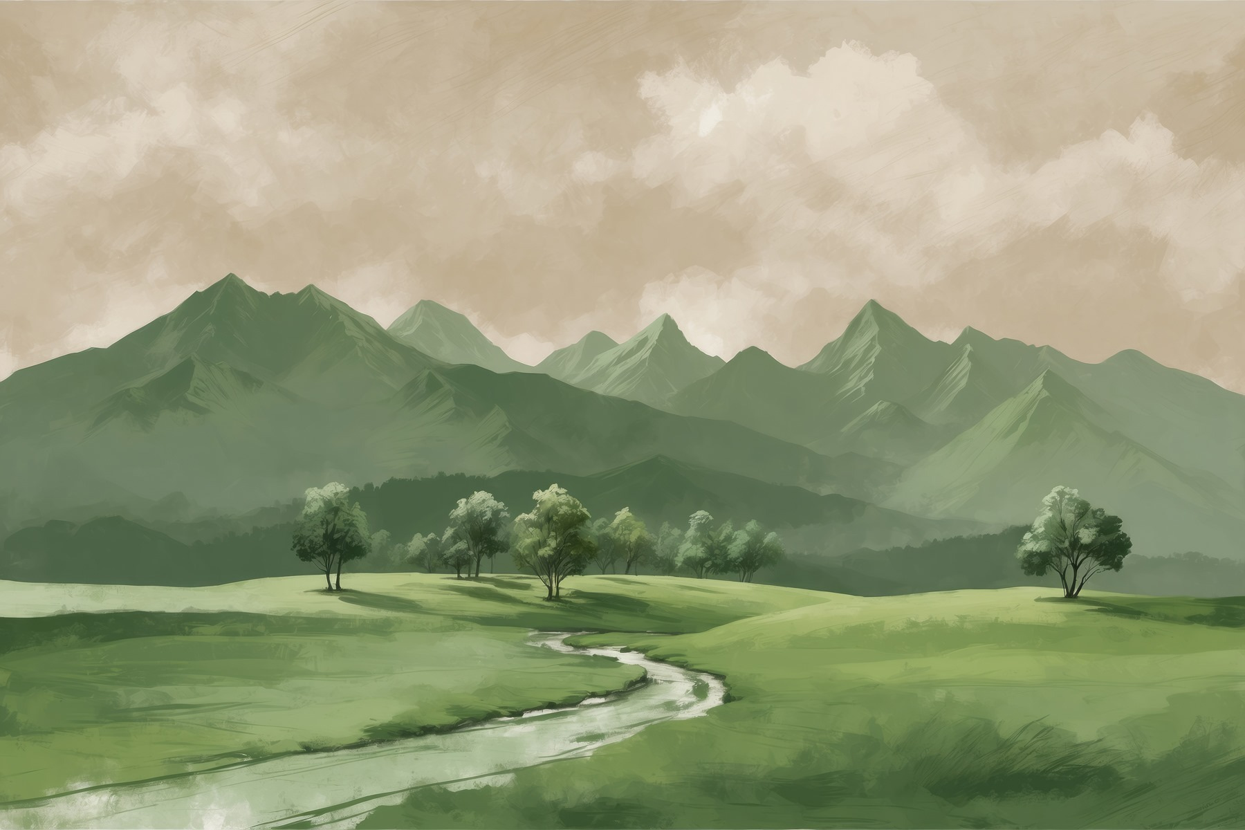 River running through a valley with trees and mountains River running through a valley with trees and mountains