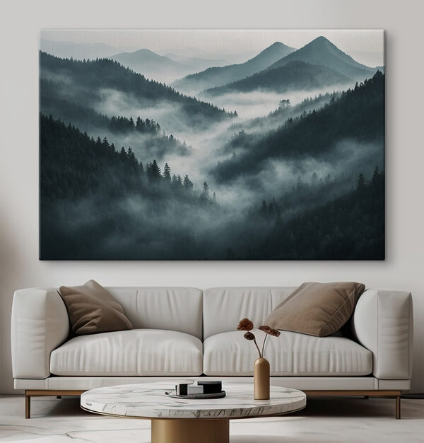Foggy mountain range with trees Foggy mountain range with trees