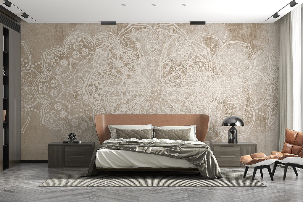 White ornate design on a brown surface