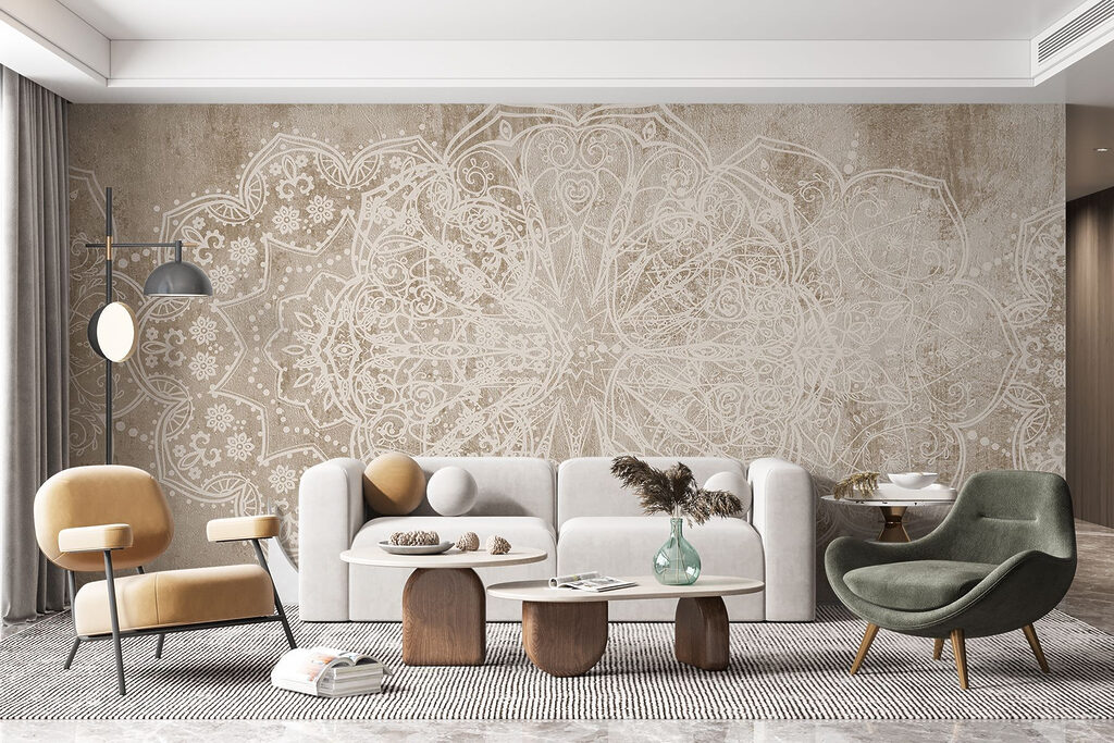 White ornate design on a brown surface