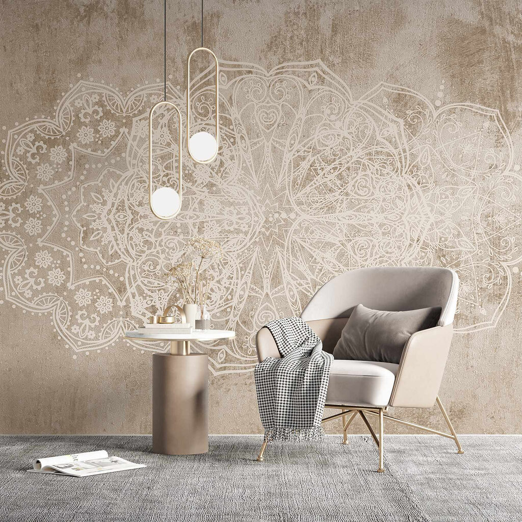 White ornate design on a brown surface