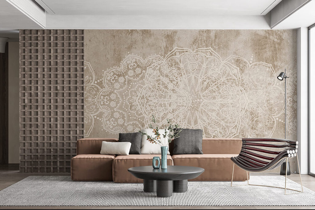 White ornate design on a brown surface